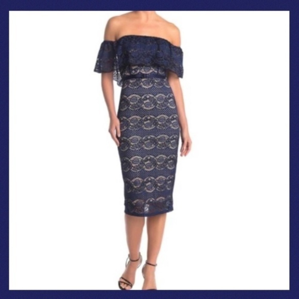 A. Calin Off Shoulder Flutter Lace Midi Dress